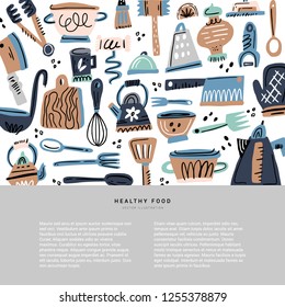Kitchen utensil hand drawn vector illustration. Kitchenware with text space. Cooking courses poster concept with copyspace. Recipe cartoon template. Scandinavian style cafe menu, banner, cookbook page