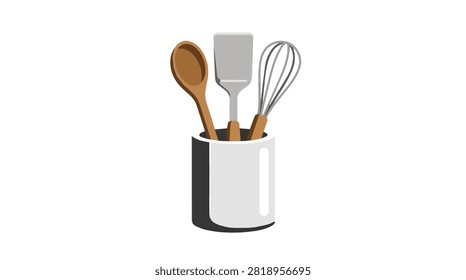 Kitchen utensil holder filled with cooking tools like spatula spoon and whisk in a sleek kitchen container for culinary use