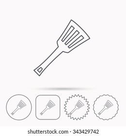 Kitchen utensil icon. Kitchenware spatula sign. Cooking tool symbol. Linear circle, square and star buttons with icons.