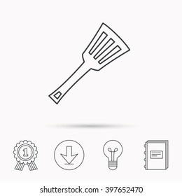 Kitchen utensil icon. Kitchenware spatula sign. Cooking tool symbol. Download arrow, lamp, learn book and award medal icons.