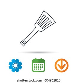 Kitchen utensil icon. Kitchenware spatula sign. Cooking tool symbol. Calendar, cogwheel and download arrow signs. Colored flat web icons. Vector