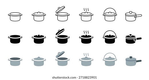 Conjunto de ícones de utensílios de cozinha. Símbolo de Cookware. Saucepan com tampa para cozinhar alimentos, ferver e aquecer. Ilustração de utensílios de cozinha domésticos para conceitos culinários e domésticos.