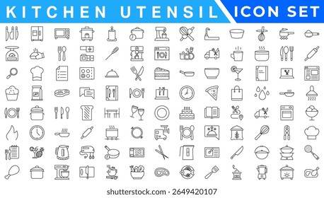 Kitchen Utensil icon set. Editable Stroke Icon Collection. Includes chopping board, cooking pots, frying pan, grater, kitchen scale, and More. Outline icons vector collection.