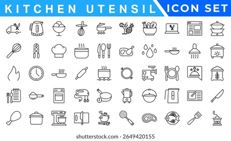 Kitchen Utensil icon set. Editable Stroke Icon Collection. Includes chopping board, cooking pots, frying pan, grater, kitchen scale, and More. Outline icons vector collection.