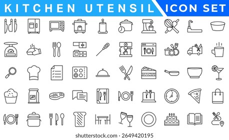 Kitchen Utensil icon set. Editable Stroke Icon Collection. Includes chopping board, cooking pots, frying pan, grater, kitchen scale, and More. Outline icons vector collection.