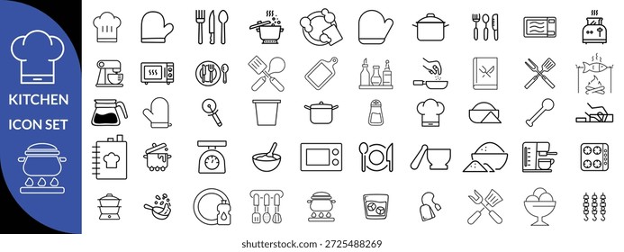 Conjunto de iconos de utensilios de cocina. Icono de trazo editable Colección. Incluye tabla de cortar, ollas de cocina, sartén, rallador, báscula de cocina y más. Colección de Vector de iconos de contorno. diseño de conjunto de iconos grandes 