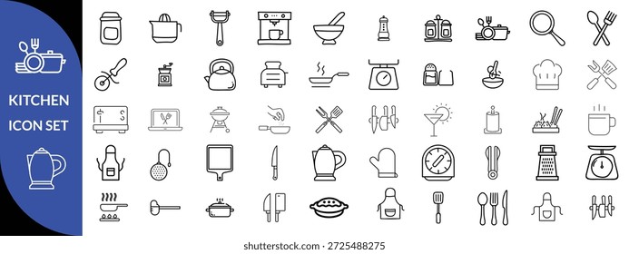 Conjunto de ícones do Kitchen Utensil. Coleção Editável De Ícones De Traçado. Inclui tábua de cortar, panelas de cozinha, frigideira, ralador, escala de cozinha e muito mais. Coleção de vetores de ícones de tópicos. design de conjunto de ícones grandes 