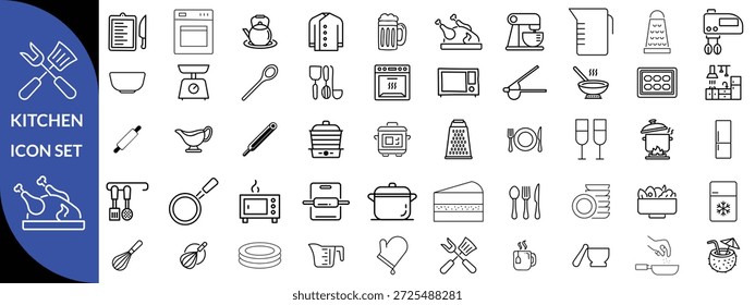 Conjunto de iconos de utensilios de cocina. Icono de trazo editable Colección. Incluye tabla de cortar, ollas de cocina, sartén, rallador, báscula de cocina y más. Colección de Vector de iconos de contorno. diseño de conjunto de iconos grandes 