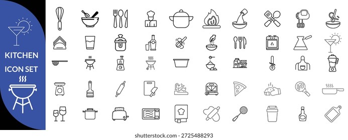 Kitchen Utensil Ikonensatz. Sammlung von bearbeitbaren Strichsymbolen. Beinhaltet Hackbrett, Kochtöpfe, Pfanne, Reibe, Küchenwaage und mehr. Gliederungssymbole, Vektorsammlung. großes Symbolset-Design 