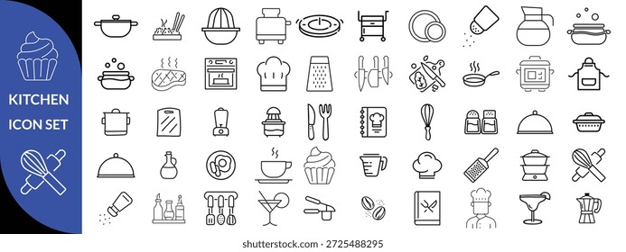 Conjunto de ícones do Kitchen Utensil. Coleção Editável De Ícones De Traçado. Inclui tábua de cortar, panelas de cozinha, frigideira, ralador, escala de cozinha e muito mais. Coleção de vetores de ícones de tópicos. design de conjunto de ícones grandes 