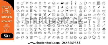 Kitchen Utensil icon set. Editable Stroke Icon Collection. Includes chopping board, cooking pots, frying pan, grater, kitchen scale, and More. Outline icons vector collection