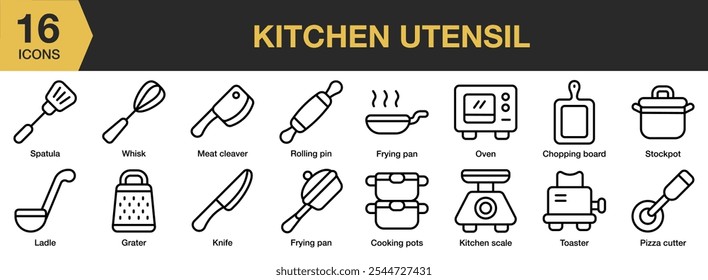 Kitchen Utensil icon set. Includes spatula, whisk, knife, pots, frying, pan, oven, toaster, and More. Outline icons vector collection.