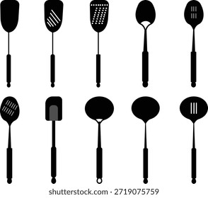 Kitchen Utensil Icon Set – Minimal Black Silhouette Vector of Spatula, Fork, Spoon and Culinary Tools Isolated on White Background