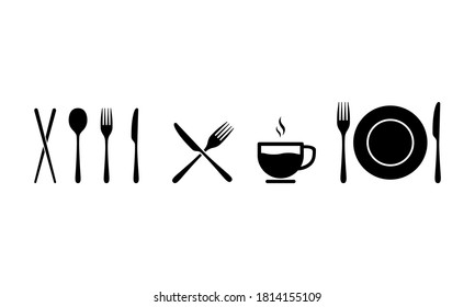 Kitchen utensil icon. Spoon, fork, knife, cup and plate sign. Vector on isolated white background. EPS 10