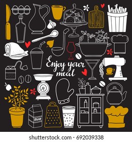 Kitchen utensil icons, cooking food set hand drawn isolated on black background