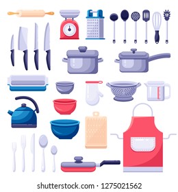 Kitchen utensil icons and design elements set. Cooking and kitchenware modern tools. Vector colorful flat illustration.