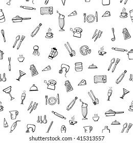 Kitchen utensil icons pattern. Cooking seamless pattern. Doodle cooking utensil background. Hand drawn vector illustration.