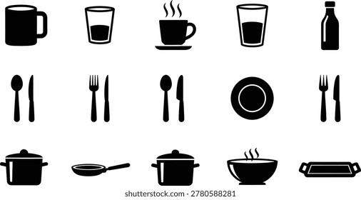 Kitchen utensil icons set with plates cups cutlery cooking pots
