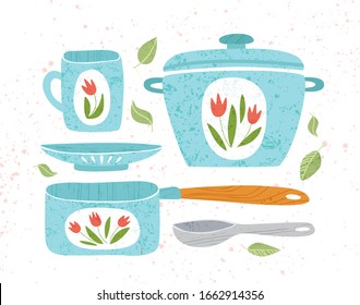 Kitchen utensil or kitchenware design elements - cooking pan, mug, spoon isolated on white. Trendy textures on cartoon kitchen items. Ceramic tableware flat hand drawn vector set provencal style