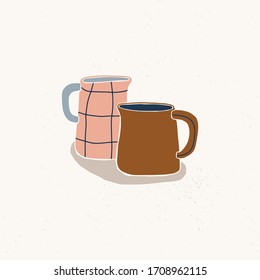 Kitchen utensil or kitchenware design elements. Trendy textures on cartoon kitchen items. Ceramic tableware . Hand drawn colored trendy vector illustration. Flat design.
