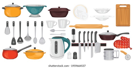 Kitchen utensil kitchenware set with icons of cups knives and frying pans with pots and plates vector illustration