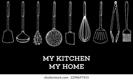 Kitchen, utensil, kitchenware sketch. Hand drawn sketches. Chalkboard background. Vector illustration. Spatula, ladle, tongs, whisk, slotted spoon, kitchen brush hand drawing illustration.
