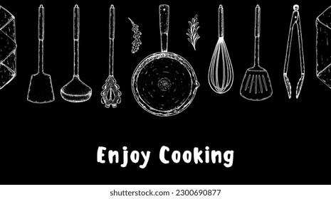 Cocina, utensilios de cocina. Esbozos dibujados a mano. Ilustración vectorial. Frontera perfecta. Espátula, cuchara, tintas, bigote, cuchara con manchas, ilustración del dibujo de la mano del pincel de cocina.