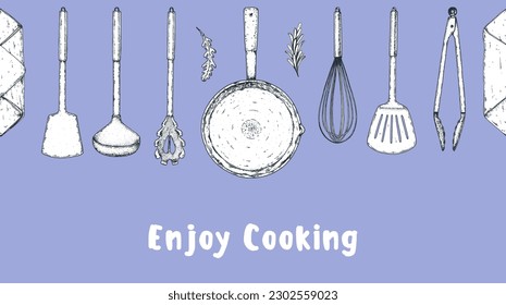 Cocina, utensilios de cocina. Esbozos dibujados a mano. Ilustración vectorial. Frontera perfecta. Espátula, cuchara, tintas, bigote, cuchara con manchas, ilustración del dibujo de la mano del pincel de cocina.