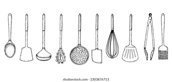 Kitchen, utensil, kitchenware sketch. Hand drawn sketches. Vector illustration. Spatula, ladle, tongs, whisk, slotted spoon, kitchen brush hand drawing illustration.