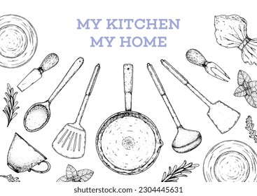 Kitchen, utensil, kitchenware sketch. Hand drawn sketches. Vector illustration. Spatula, ladle, pan, cheese knife, napkin hand drawing illustration.