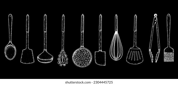 Kitchen, utensil, kitchenware sketch. Hand drawn sketches. Vector illustration. Spatula, ladle, tongs, whisk, slotted spoon, kitchen brush hand drawing illustration.