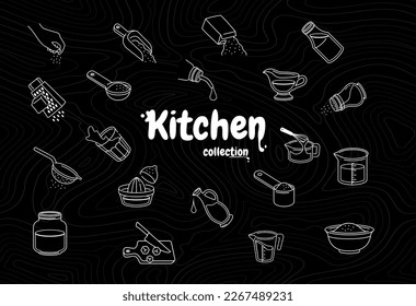 Kitchen utensil line collection. Grater, salt shaker, jar and tea. Cooking utensil set. Jug and knife with board, mixer and filter. Cartoon flat vector illustrations isolated on black background