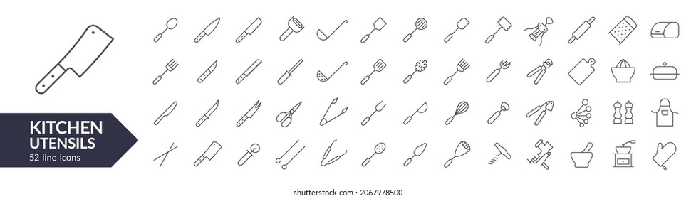 Kitchen utensil line icon set. Isolated signs on white background. Vector illustration. Collection