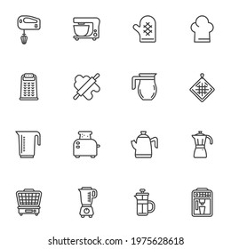 Kitchen utensil line icons set, outline vector symbol collection, linear style pictogram pack. Signs, logo illustration. Set includes icons as electric mixer, food processor, coffee machine, teapot