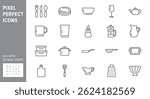 Kitchen utensil line icons. Vector illustration include icon - tableware, dish, pan, casserole spatula, plate, wineglass, cup, mug, french pictogram for crockery. 64x64 Pixel Perfect, Editable Stroke.