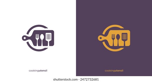 Diseño de logotipo de utensilios de cocina. Tablero de corte, cuchara, tenedor, espátula logo, icono, símbolo, Vector, Plantilla de diseño.