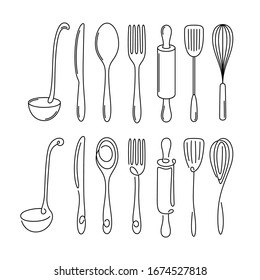 Kitchen utensil monoline style set. Kitchenware collection of design elements for prints, posters, stickers, decoration needs. Vector vintage illustration.