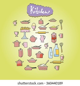 kitchen utensil, pot, Cup in the style of Doodle color icon on light background