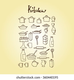 kitchen utensil, pot, Cup in the style of Doodle color icon on light background
