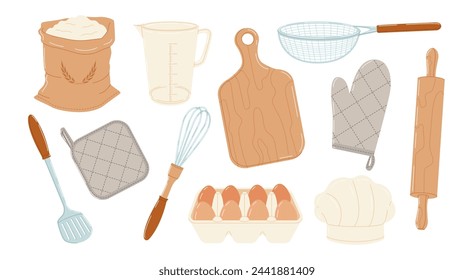 Kitchen utensil and product set on white background. Cooking appliance collection