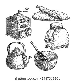 kitchen utensil retro set hand drawn. spoon pot, bowl set, cook wood kitchen utensil retro vector sketch. isolated black illustration