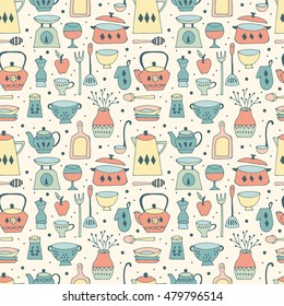 Kitchen utensil seamless pattern background with hand drawing elements