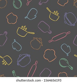 Kitchen utensil seamless pattern. Cooking repeating background for textile design, wrapping papper, scrapbooking.