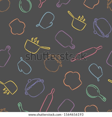 Kitchen utensil seamless pattern. Cooking repeating background for textile design, wrapping papper, scrapbooking.