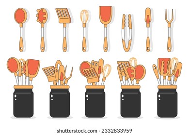 Kitchen utensil set. Cooking tools vector cartoon illustration isolated on a white background.