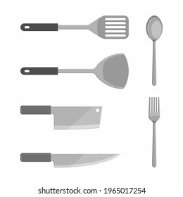 Kitchen tools fork whisk, spoon utensils cartoon set. Modern kitchen tool  flat cooking dishes, equipments. Hand drawn utensils collection icon.  Corolla, scoop, meat knife spatula. Vector illustration Stock Vector Image  & Art 