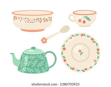 Kitchen utensil set. Dishware in coorful patterns. Ceramics and pottery. Bowl and teapot, mug or cup. Template and layout. Cartoon flat vector collection isolated on white background