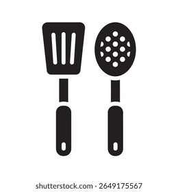 Ícone de conjunto de utensílios de cozinha com uma espátula com fenda e colher para cozinhar servindo e forçando alimentos um par de ferramentas de cozimento comuns vetor ícone de glifo sólido