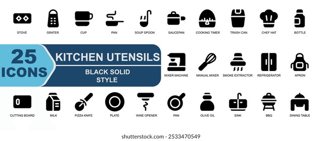 kitchen utensil set icon.solid black style.contains kitchen,grill,bbq,dining table,timer,milk,cooking,pan,soup spoon,saucepan.