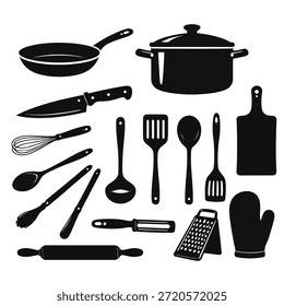 Kitchen utensil set including frying pan, cooking pot, knife, spatula, whisk, cutting board, grater, and oven mitt for cooking and food preparation concepts silhouette vector
